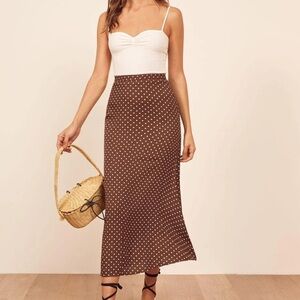 Reformation bea brown and white polka dot skirt